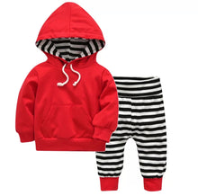 Load image into Gallery viewer, Hooded Red sweater w/ Black &amp; White stripes