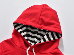 Hooded Red sweater w/ Black & White stripes